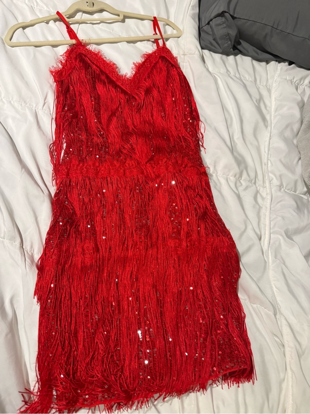 Red Fringe Sequin V-Neck Slip Dress